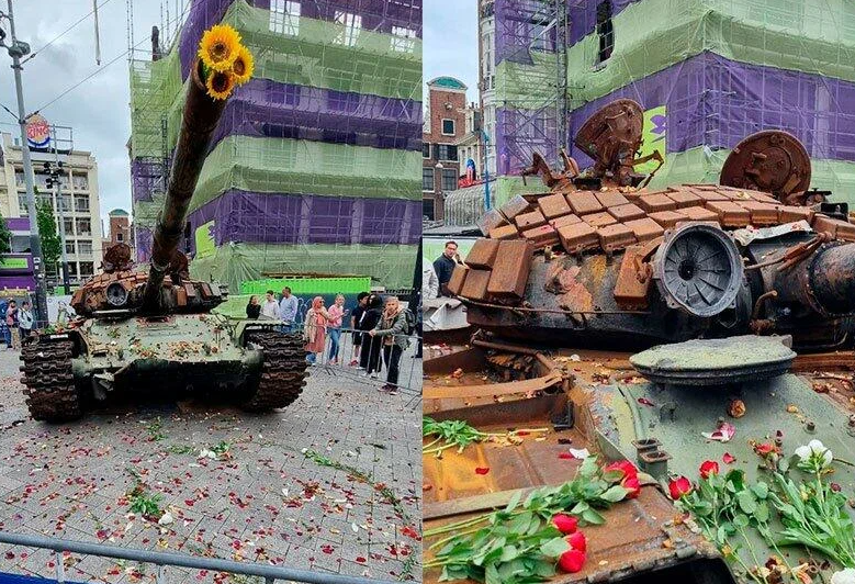 В Амстердаме перед подбитым российским танком выложили сердце из цветов